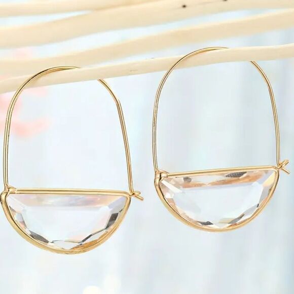 New elongated goldtone earrings with crystal clear stone - Picture 4 of 7